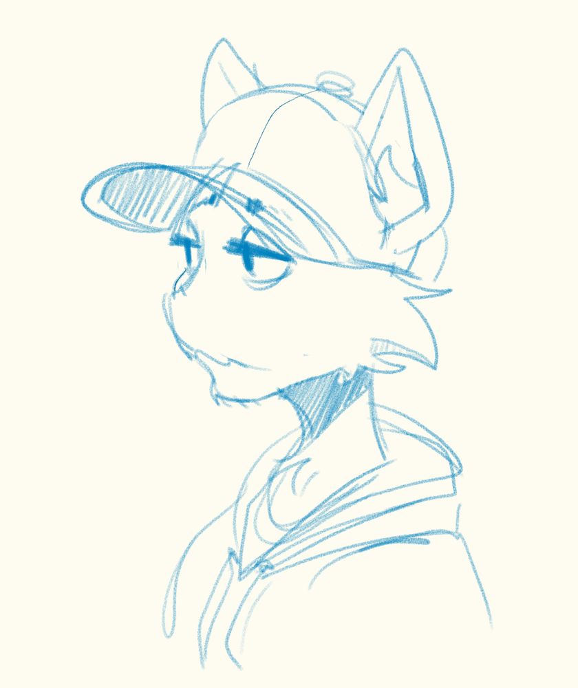 Sketch of my fursona with a baseball cap with his cat ears sticking out. He's got fuzzy cheeks and no visible cat nose.