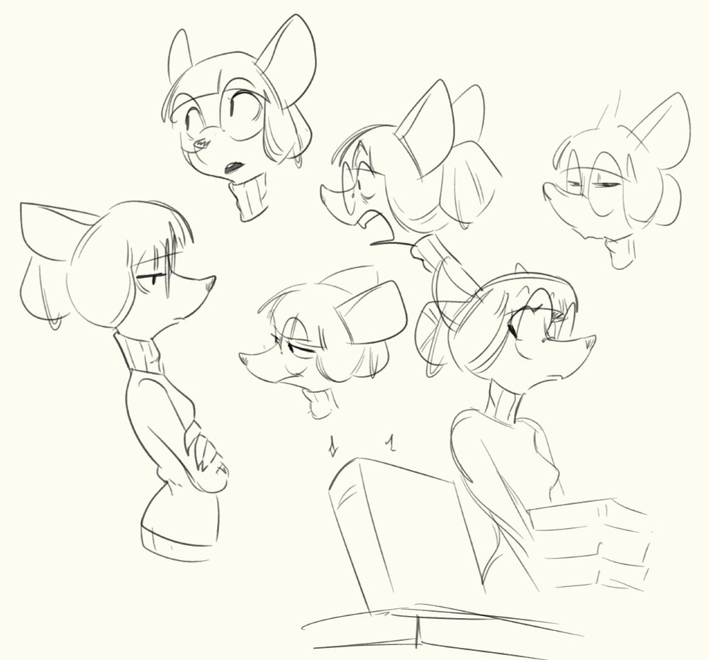 Various expressions of Esther, the mouse lady with glasses. She looks curious, annoyed, and yelling.
