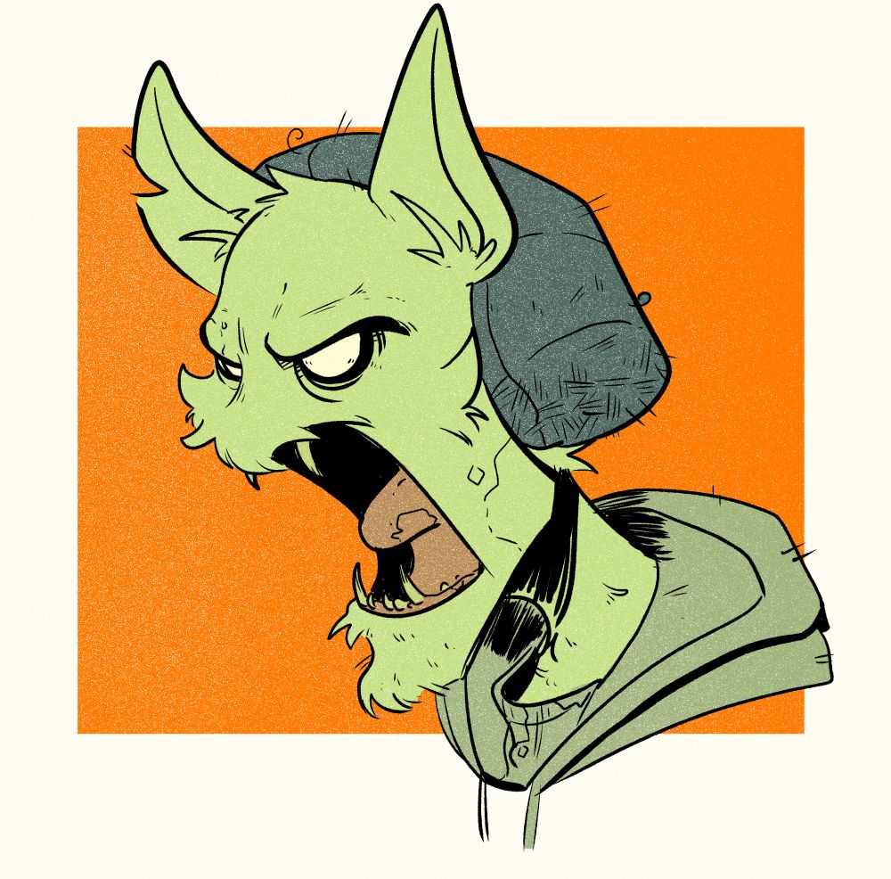 An illustration of my fursona zombified and unhinging his jaw to yell really loud. He has glowing eyes and green fur.