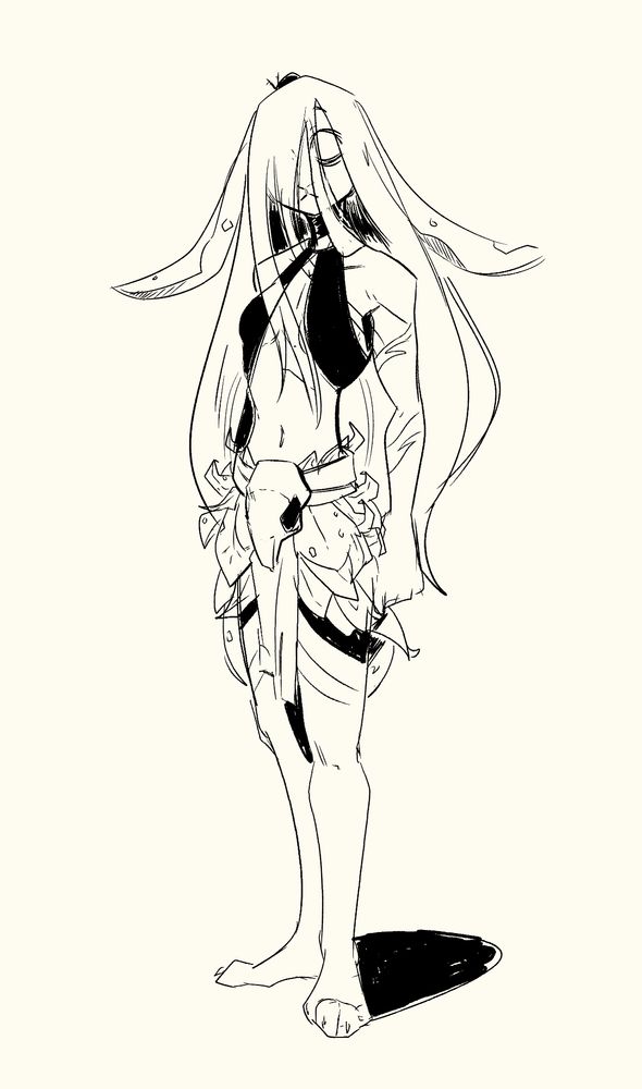 A redesign for Gigi, an anthro rabbit that's a forest spirit/banshee. She's now wearing a large rabbit skull over her belt with dead pointy leaves wrapped around her waist. Her ears are flopped down and pointed outward that also resemble dead leaves.