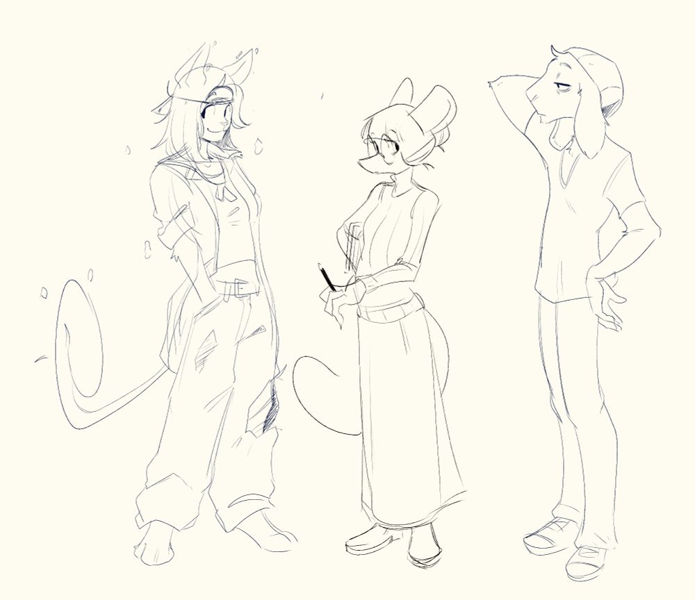 Neath, a ghost cat girl from the early 90's wearing baggy clothes and jeans and a backwards baseball cap, Esther, a mouse girl with glasses and a turtleneck sweater/long skirt, and Hop, a rabbit boy with a beanie and a casual modern outfit with a shirt/jeans.