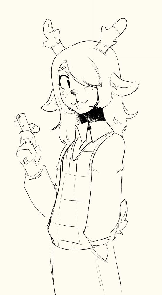 A doodle of Noelle from Deltarune smiling at the viewer while holding a peace of chalk in one hand, and her other hand in her skirt pocket.