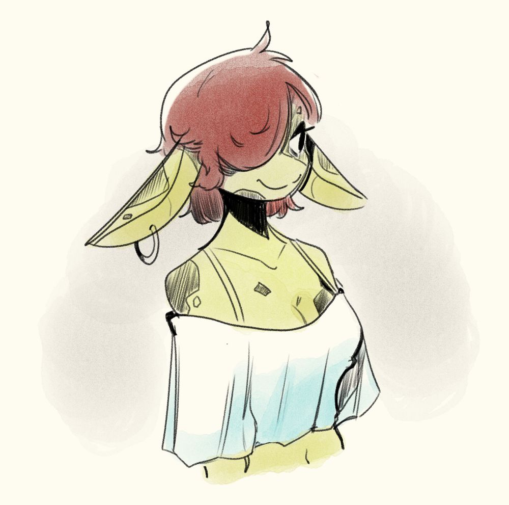 Spaghetti the goblin with her hair covering her right eye while wearing a bralette and loose shirt exposing her shoulders.