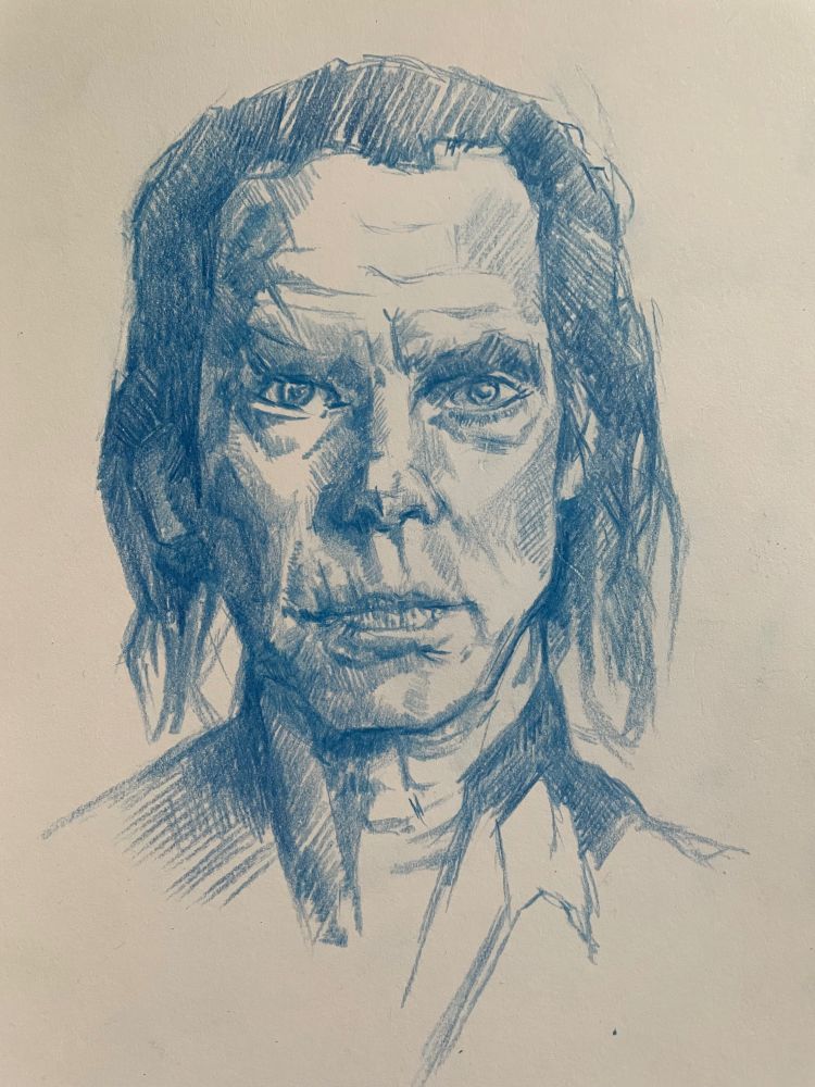 Quick sketch of Nick Cave in my sketchbook, Derwent Coloured pencil