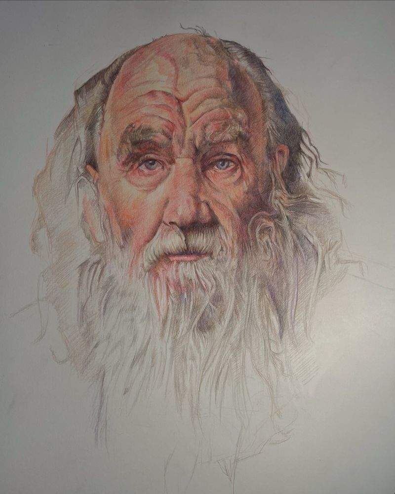 Drawing of an old man, coloured pencil on paper, photo from raw umber 