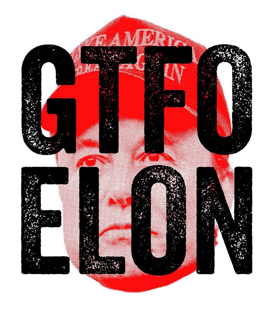 Red-tinted image of Elon Musk's head/face wearing a MAGA hat. The text "GTFO ELON" is superimposed over the image.