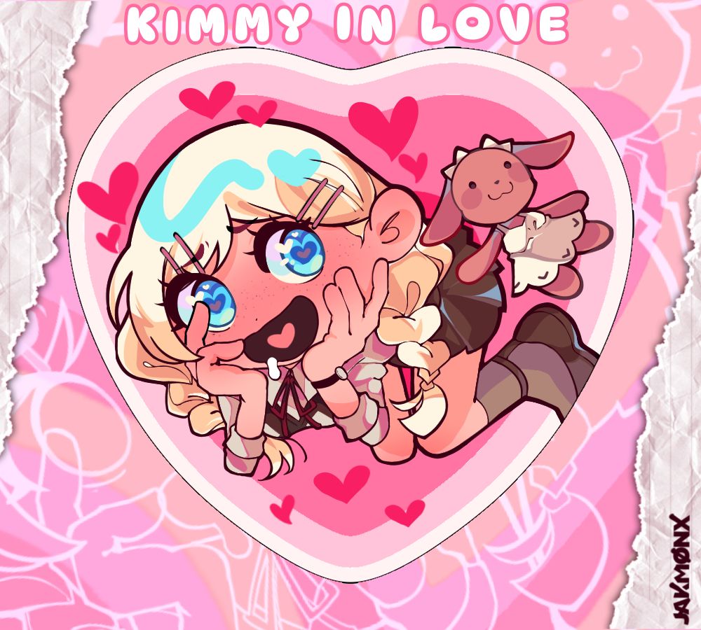 Graphic promotion for the heart-holographic heart shaped button of Kimmy Howell