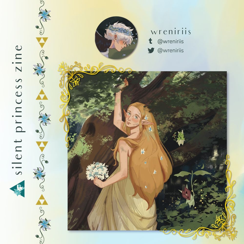 The contributor spotlight for wreniriis, a page artist. The sample art shows an illustration of breath of the Wild Zelda in a white dress in korok forest. She is looking back over her shoulder at the viewer while she reaches up into a tree. She is holding a bouquet of flowers, and koroks are visible behind her, holding leafy stems.