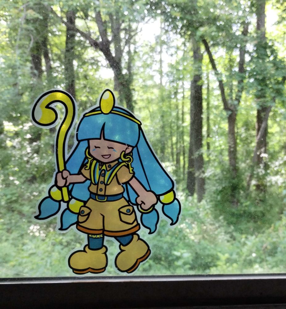 michigami nareko from touhou project sitcker on a windowsill in front of a forest