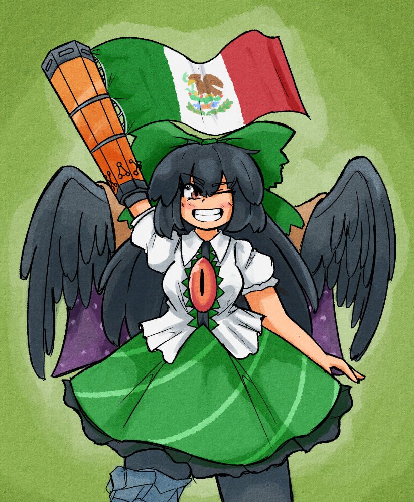 Utsuho Reiuji (or Okuu) from Touhou Project with a Mexican flag tied to her arm cannon as she waves it around. fuck ICE btw