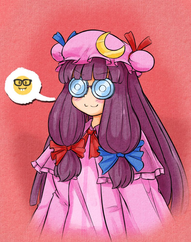 Patchouli Knowledge from Touhou Project with nerdy glasses saying a nerd emoji-- wait how the fuck is she doing that