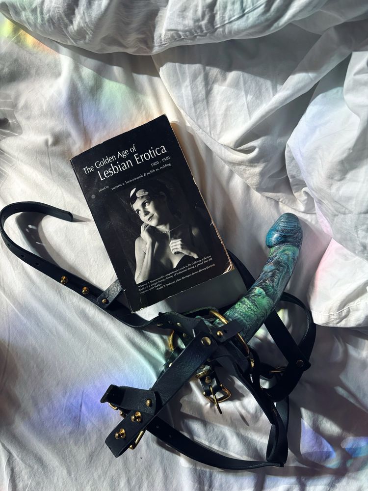 A black leather strap on harness and ornate blue dildo lay on a hotel bed next to a book called The Golden Age of Lesbian Erotica 