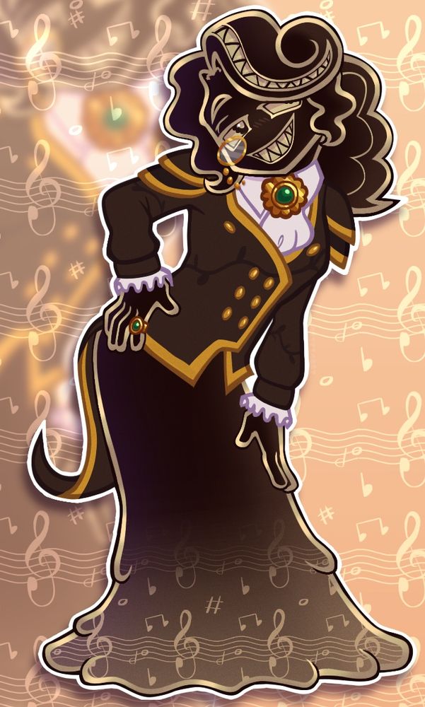 Lawrence is a toxic slime that has light yellow outlines. He is wearing a uniform jacket that has long tails. His hair is curly tied into a ponytail. He is leaning over with one hand on his hip and the other on (where it would be if he had legs) his thigh. With a confident almost arrogant expression.