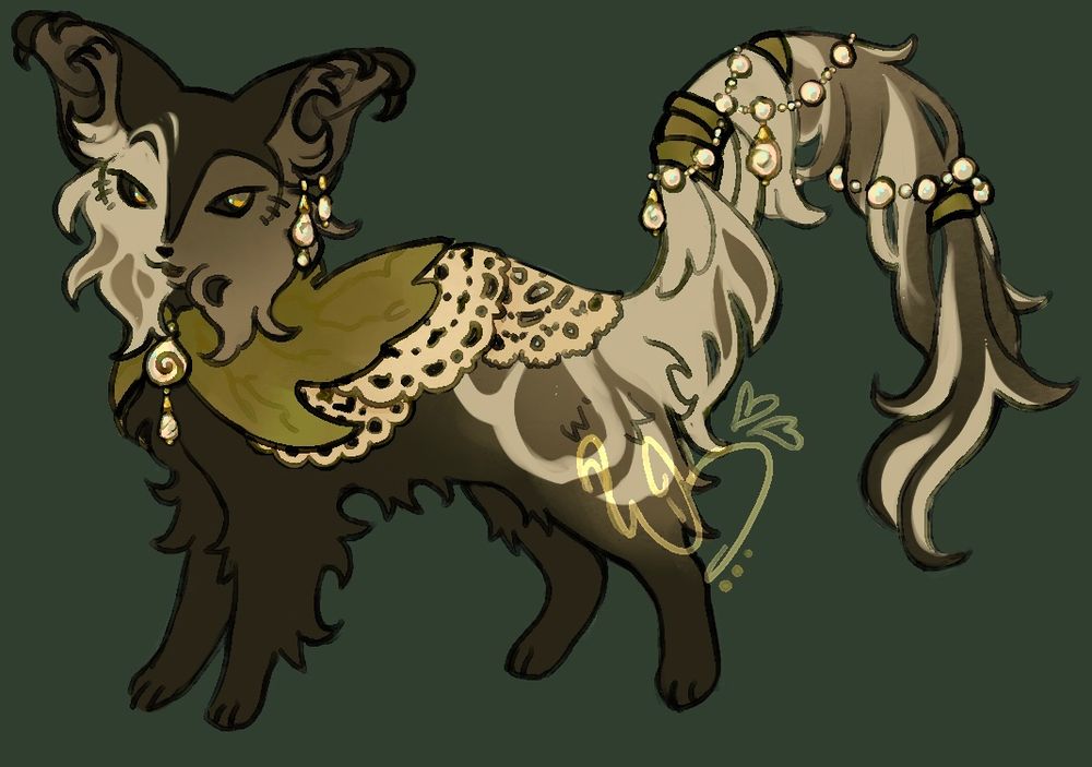a digital drawing of a grayish-green cat with off-white markings made to resemble variegated monstera leaves, decorated in a green cape, pearls, shells, and doilies