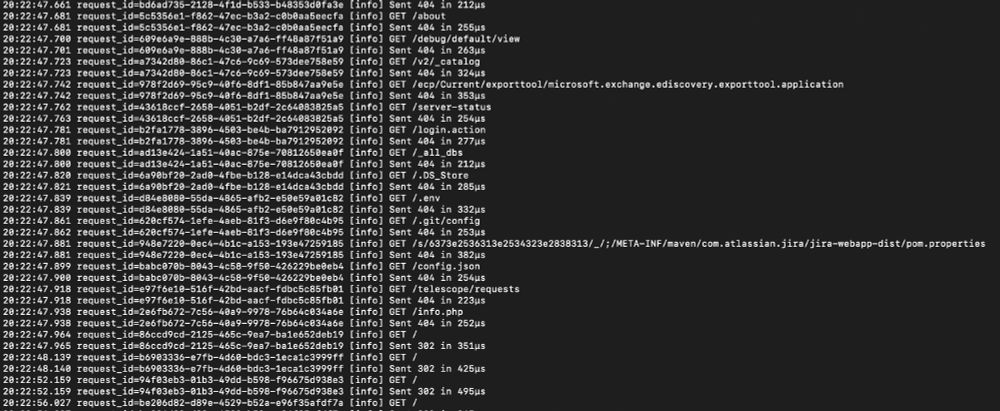 Logs showing bots calling various files, like info.php or /.git/config