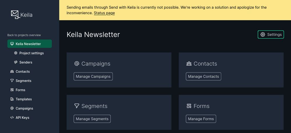 Screenshot of the Keila interface showing a yellow banner apologizing for the service disruption.