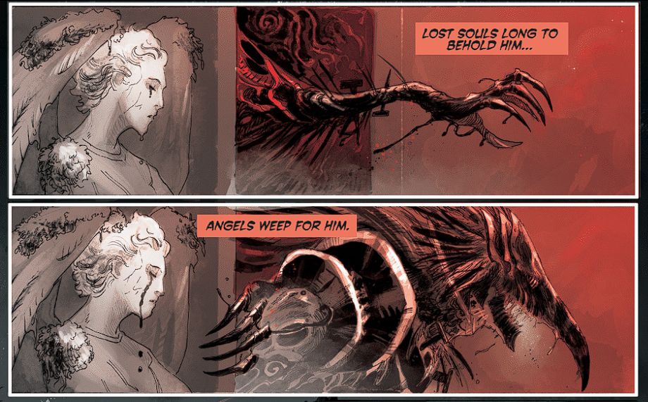 2 panels depicting a black corvian knight reaching beyond a door, past a marble angel statue that begins to weep.
