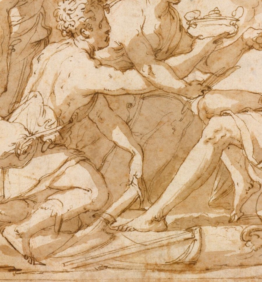 Acercamiento al estudio del fresco de Giorgio Vasari, enfocando el pie de Saturno, al frente del cual se encuentra una herramienta que se asemeja a una guadaña.