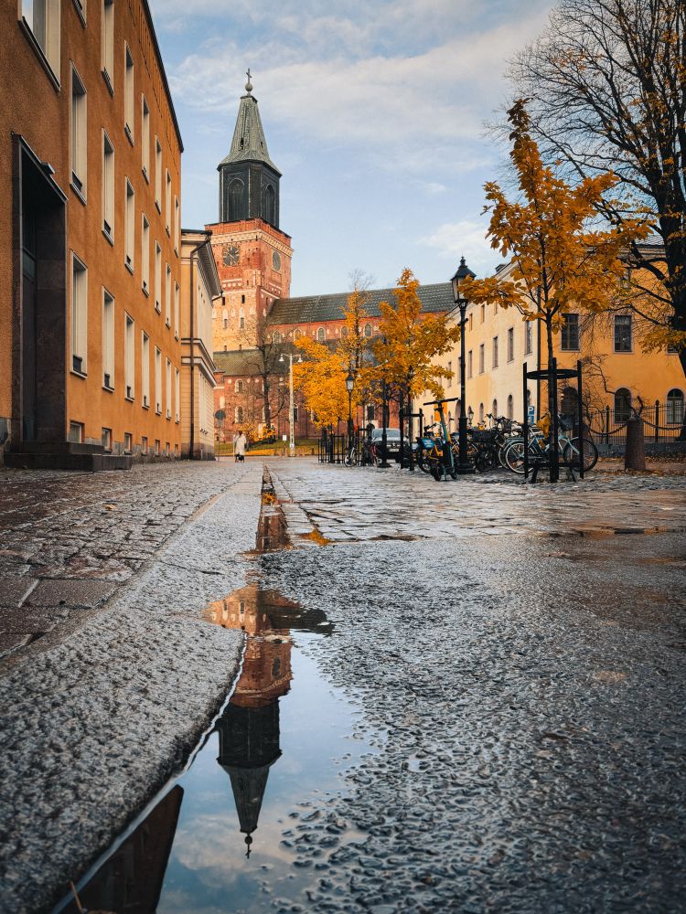 Dom von Turku spiegelt sich in Pfütze 