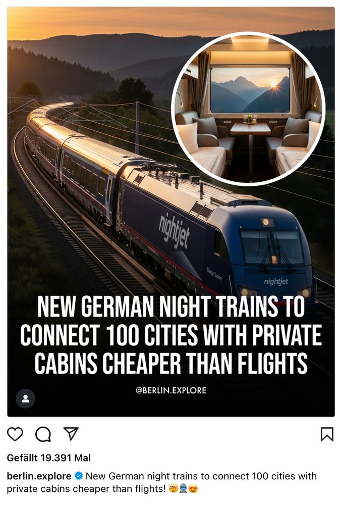 Ein Post auf Instagram: New German night trains to connect 100 cities with private cabins cheaper than flights