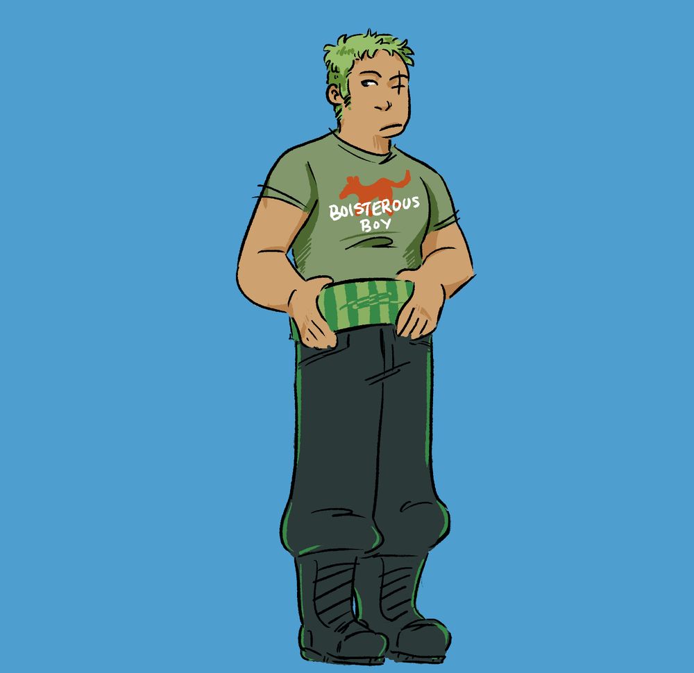 a digital illustration of Roronoa Zoro in a shirt that says "Boisterous Boy"