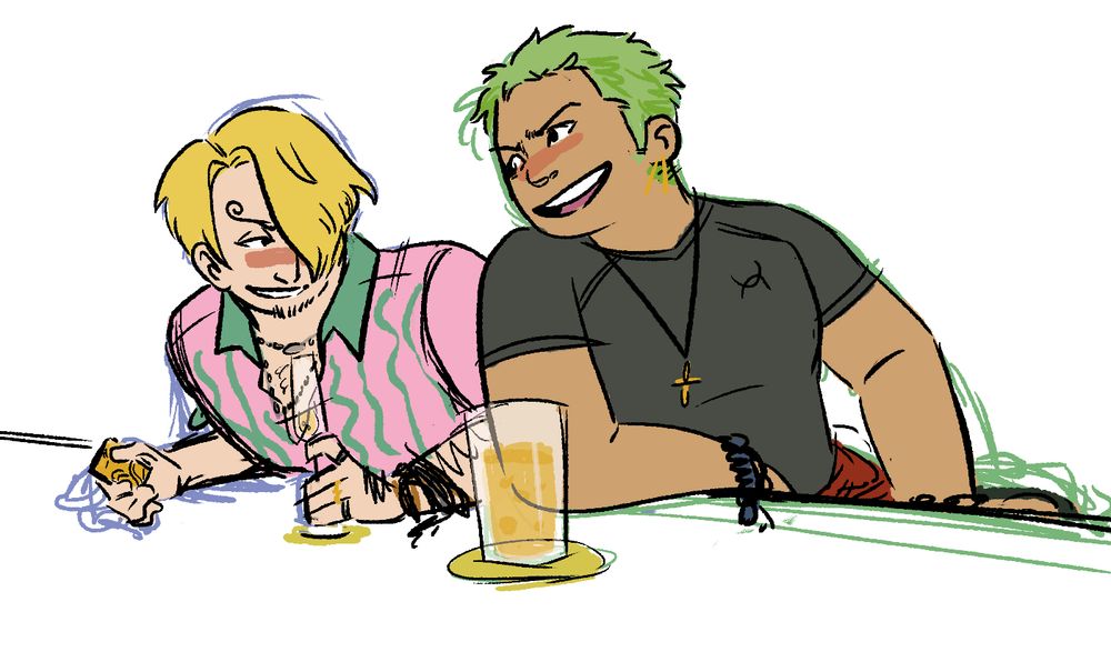 a digital illustration of Zoro and Sanji laughing at a bar