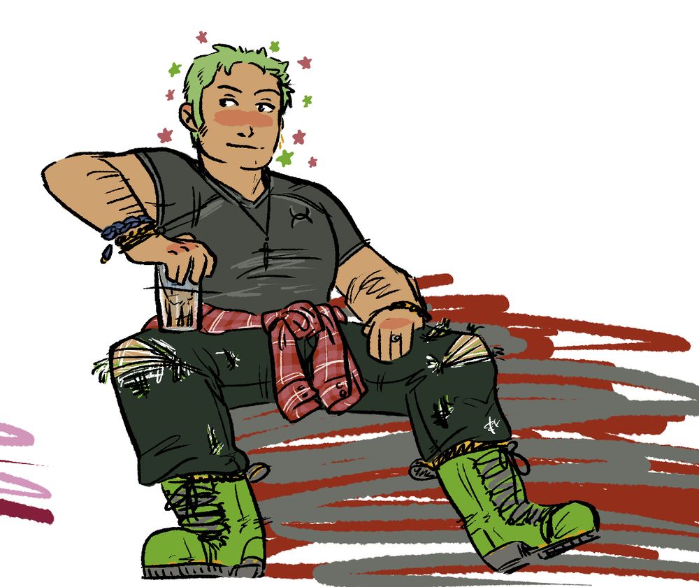 a digital illustration of Zoro in a fun outfit, lounging with a drink 