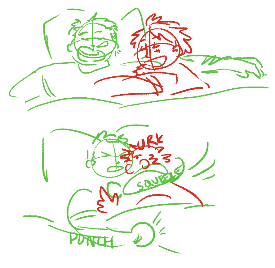 digital sketch comics of Zoro being a gym bro. He and Luffy are napping together, then he strangles Luffy and punches his stomach in his sleep.