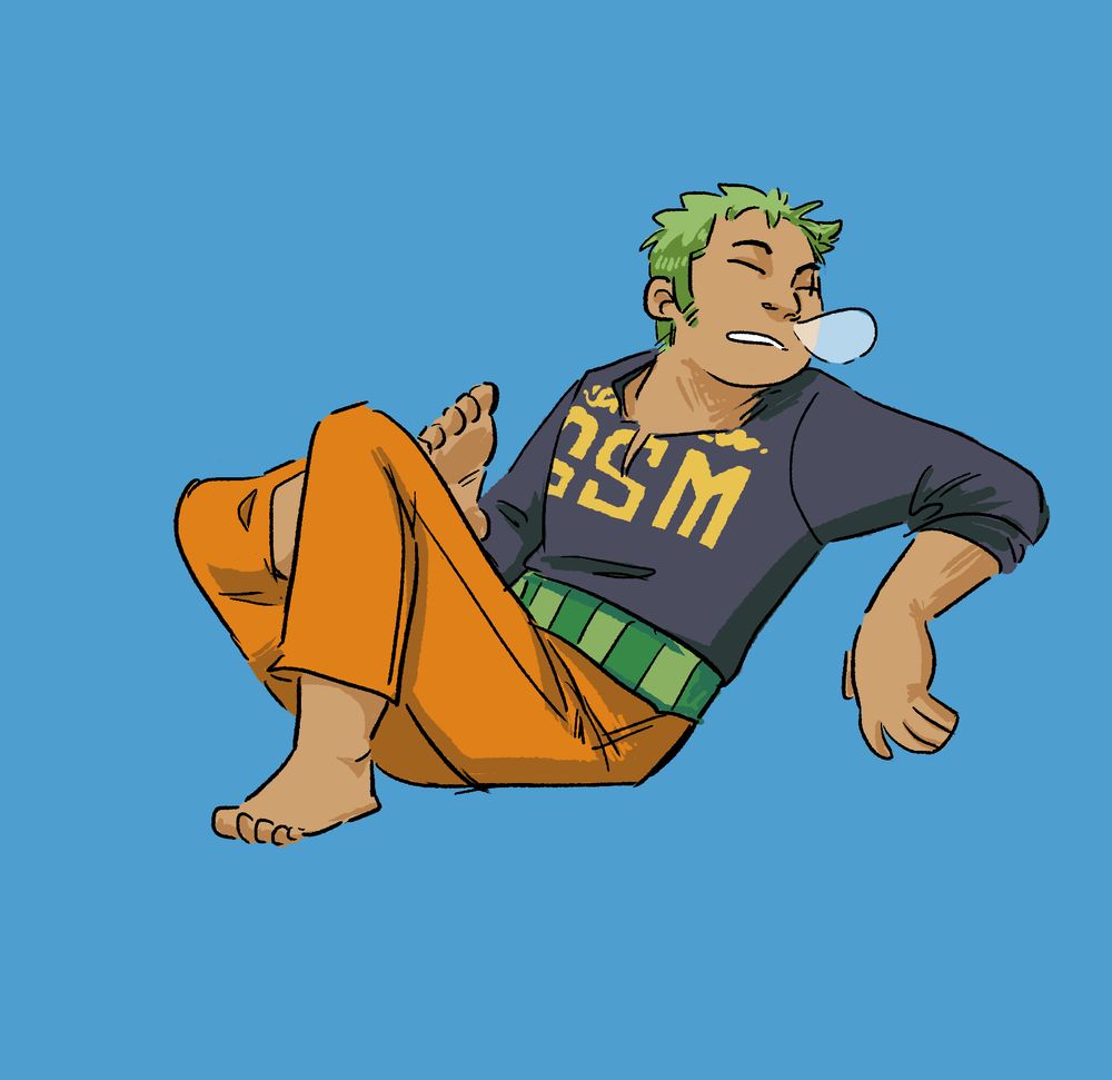 a digital illustration of Roronoa Zoro sleeping in a deep V-neck
