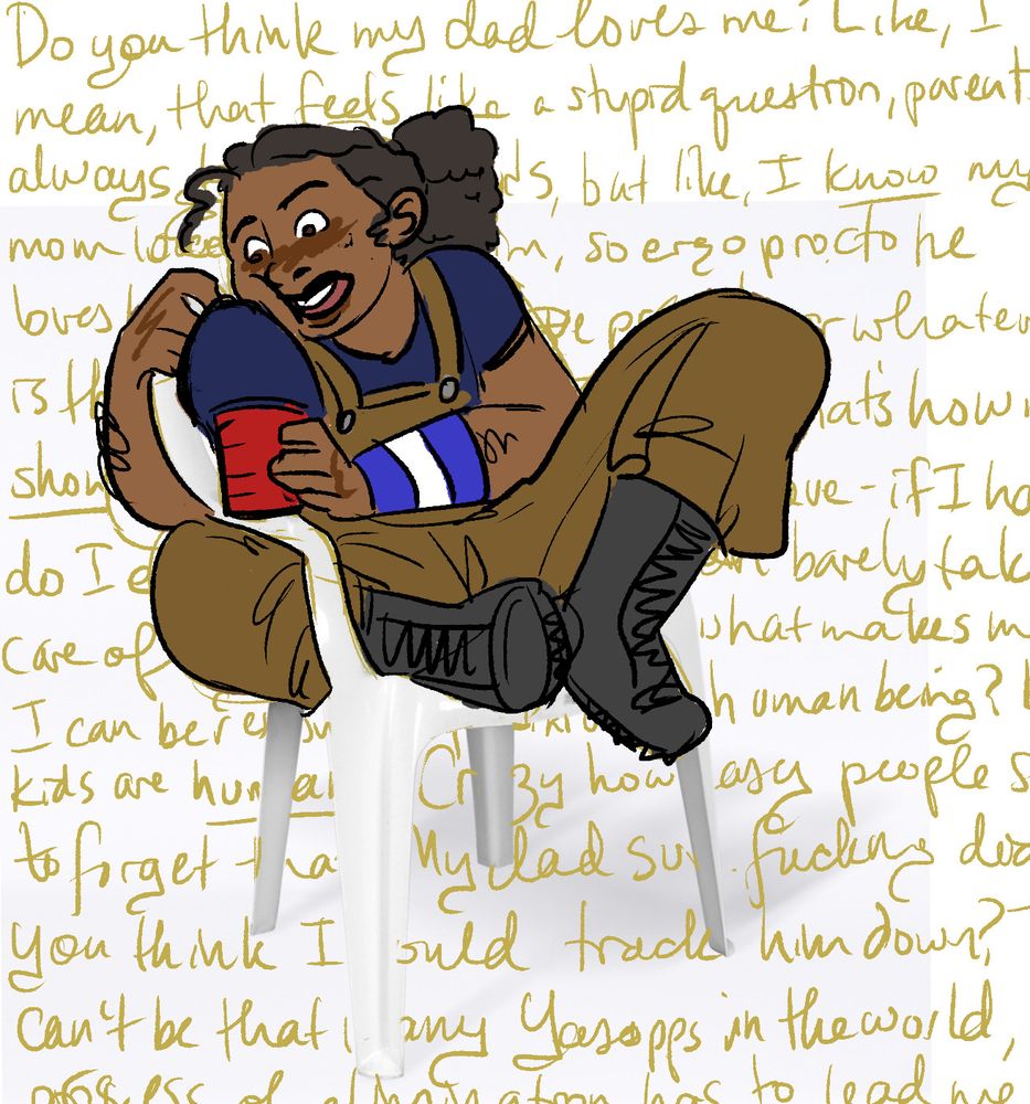 a digital drawing of Usopp, curled up in a white plastic outdoor chair, with scribbled words as the background.