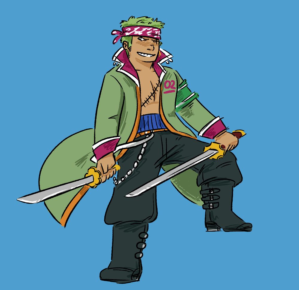 a digital illustration of Roronoa Zoro in a silly pirate getup