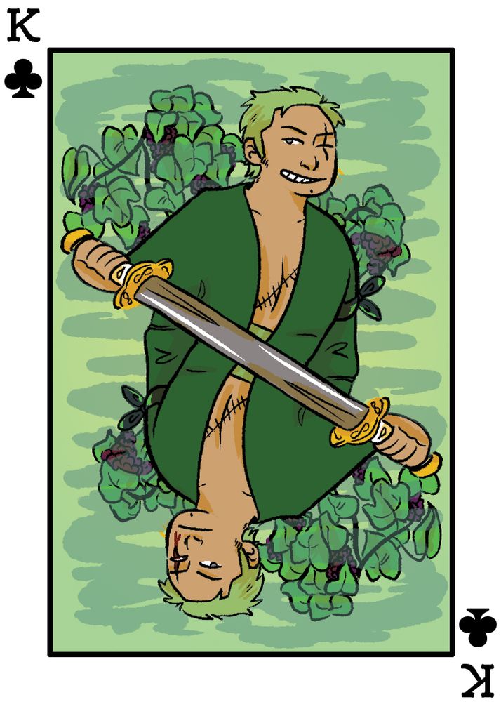 a digital illustration of Zoro as the King of Hearts playing card