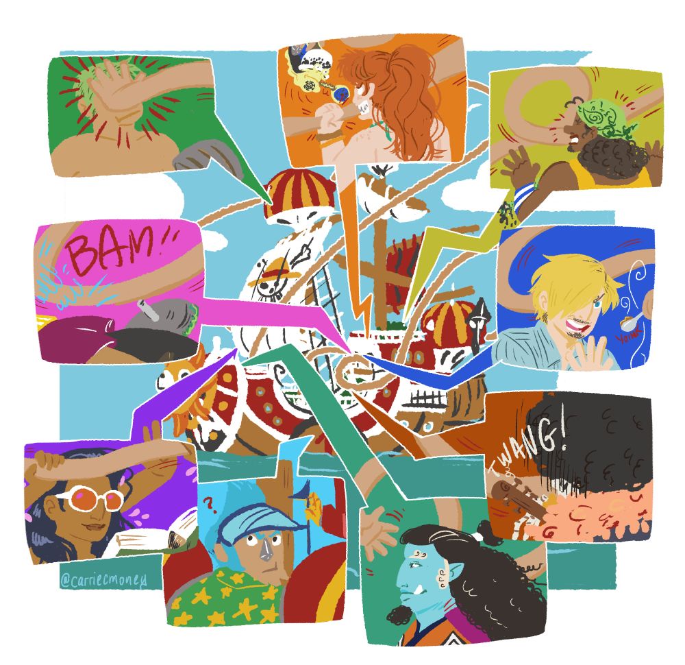 a digital illustration of the Thousand Sunny ship on a calm sea. All of the Strawhats except for Luffy are shown in cut out frames having their quiet time ruined by Luffy's stretchy arm interrupting their day without warning.