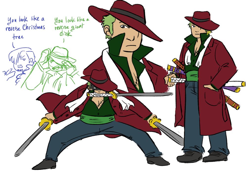 digital illustrations of Zoro in a maroon fedora and overcoat, dark green shirt, white scar, and dark teal slacks. There is a sketch of Sanji telling him, "You look like a reverse Christmas tree" and Zoro replies, "You look like a reverse giant dick"