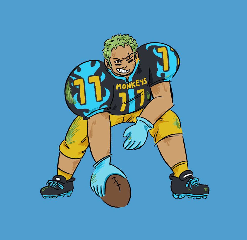 a digital illustration of Roronoa Zoro in a football uniform