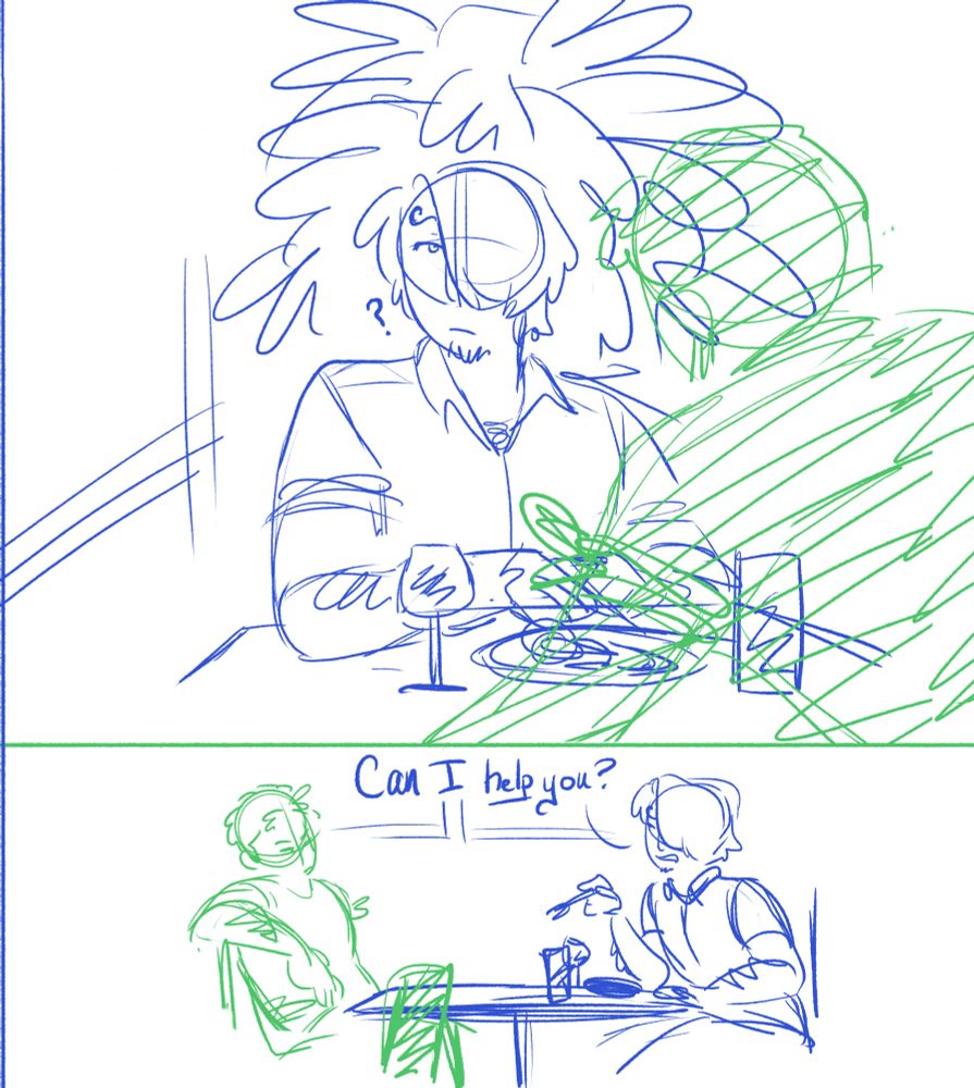 sketch comic of sanji's sad lonely meal being interrupted by a random stranger. Sanji asks him, "Can I help you?" with no intention of helping him do anything but leave him alone.