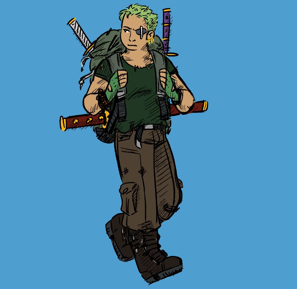 a digital illustration of Roronoa Zoro in a zombie apocalpyse-ish getup and an eyepatch