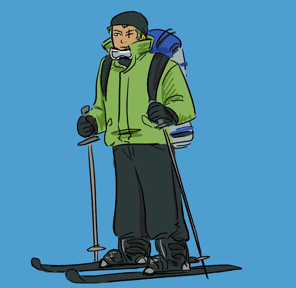 a digital illustration of Roronoa Zoro skiing
