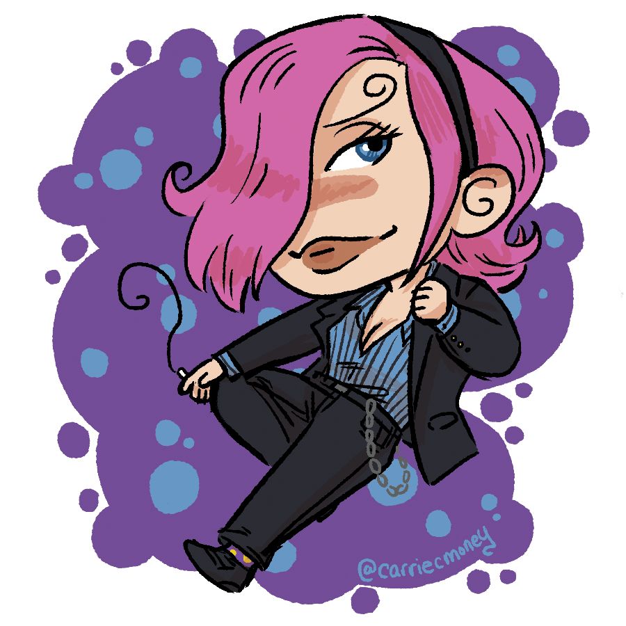 a digital illustration of Vinsmoke Reiju in Sanji's striped blue shirt and black suit