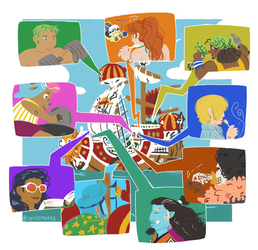 a digital illustration of the Thousand Sunny ship on a calm sea. All of the Strawhats except for Luffy are shown in cut out frames having their own kind of quiet time.