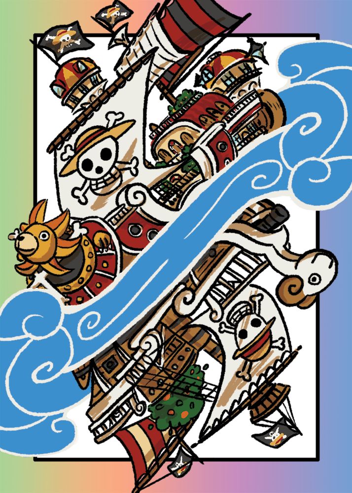 a digital illustration of the Going Merry and Thousand Sunny ships