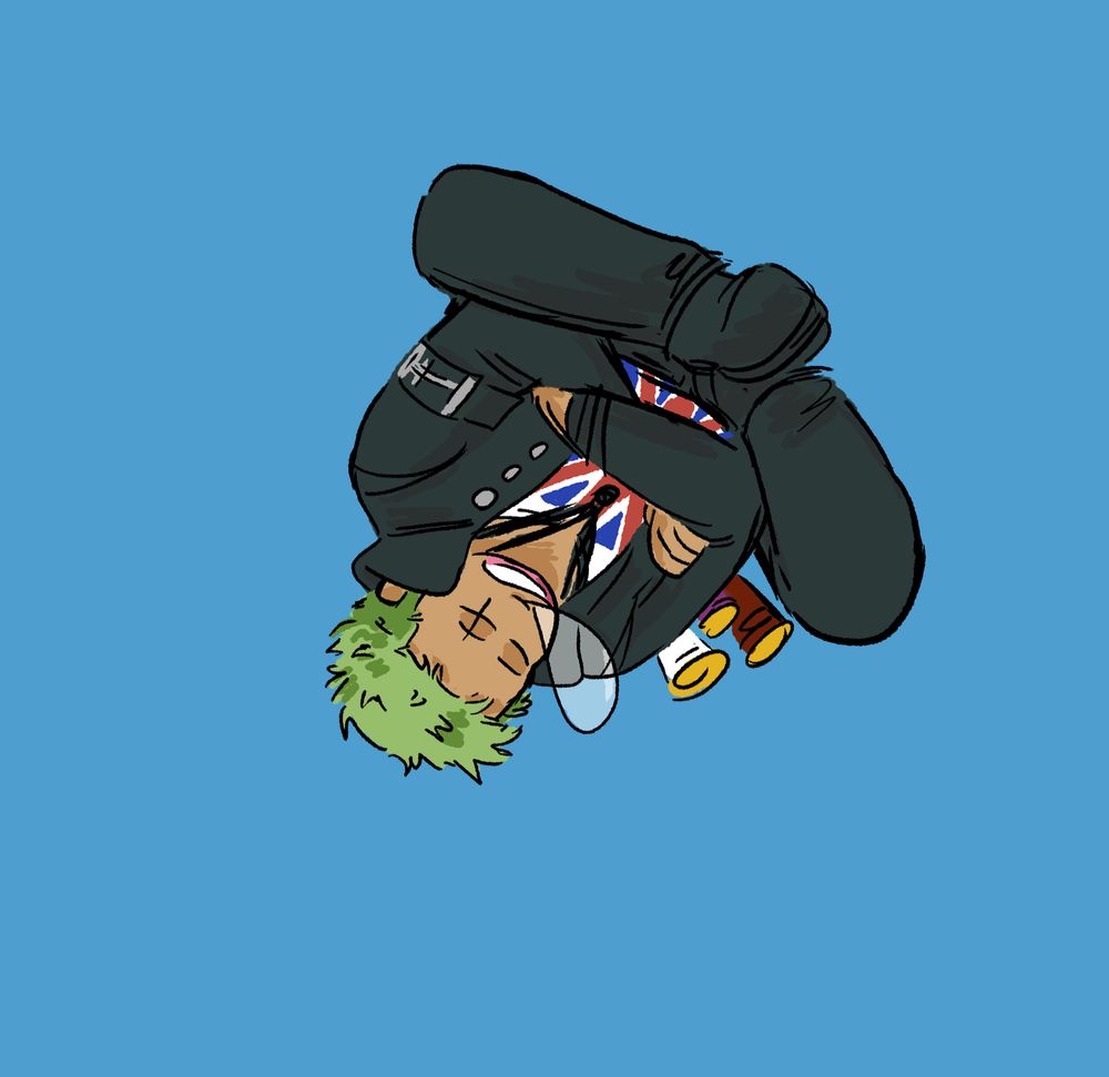 a digital illustration of Roronoa Zoro in a black jacket and Union Jack shirt, turned upside down and sleeping