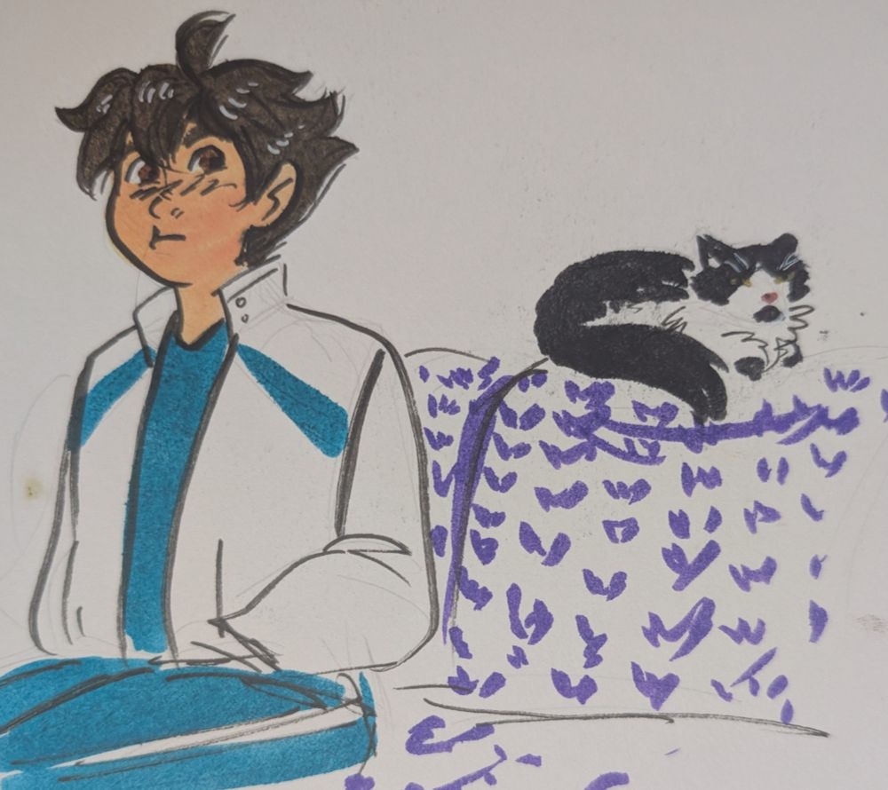 A marker illustration of Oikawa sitting on a couch, pouting because the black and white cat sitting on the cushion next to him is ignoring him
