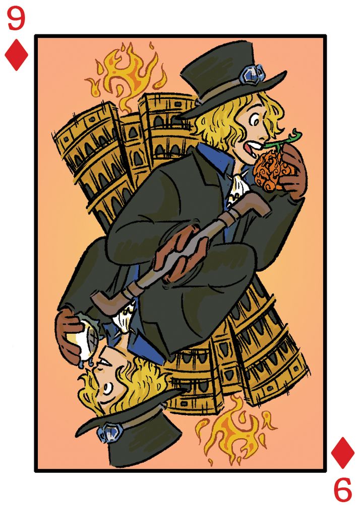 a digital illustration of Sabo as the Nine of Diamonds playing card