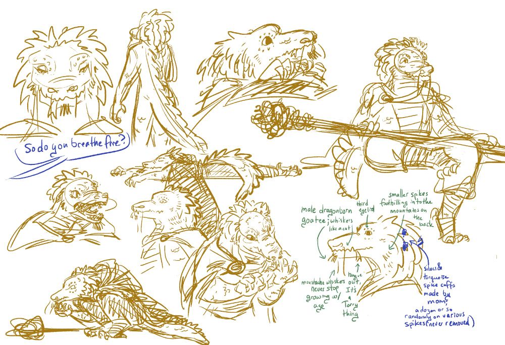 a digital sketch page of a dragon born guy