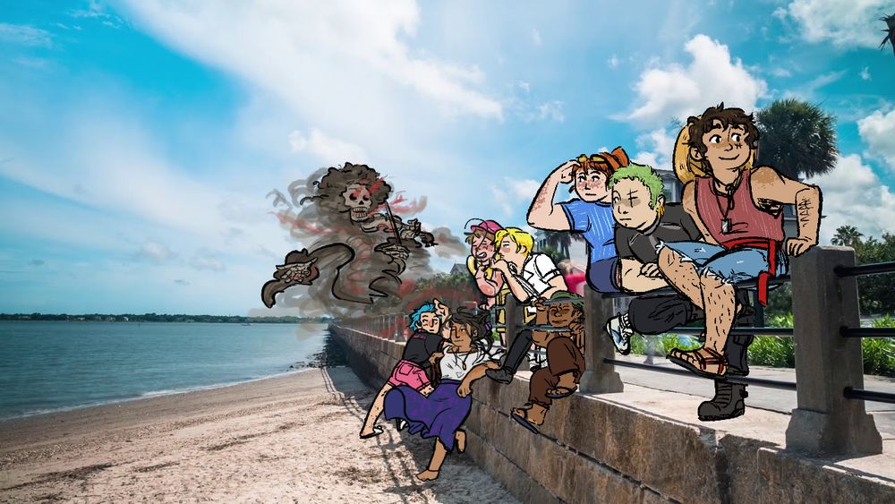 a picture of the Charleston Battery with the One Piece Strawhat Crew drawn over it, all of them sitting on the railing in their own ways.