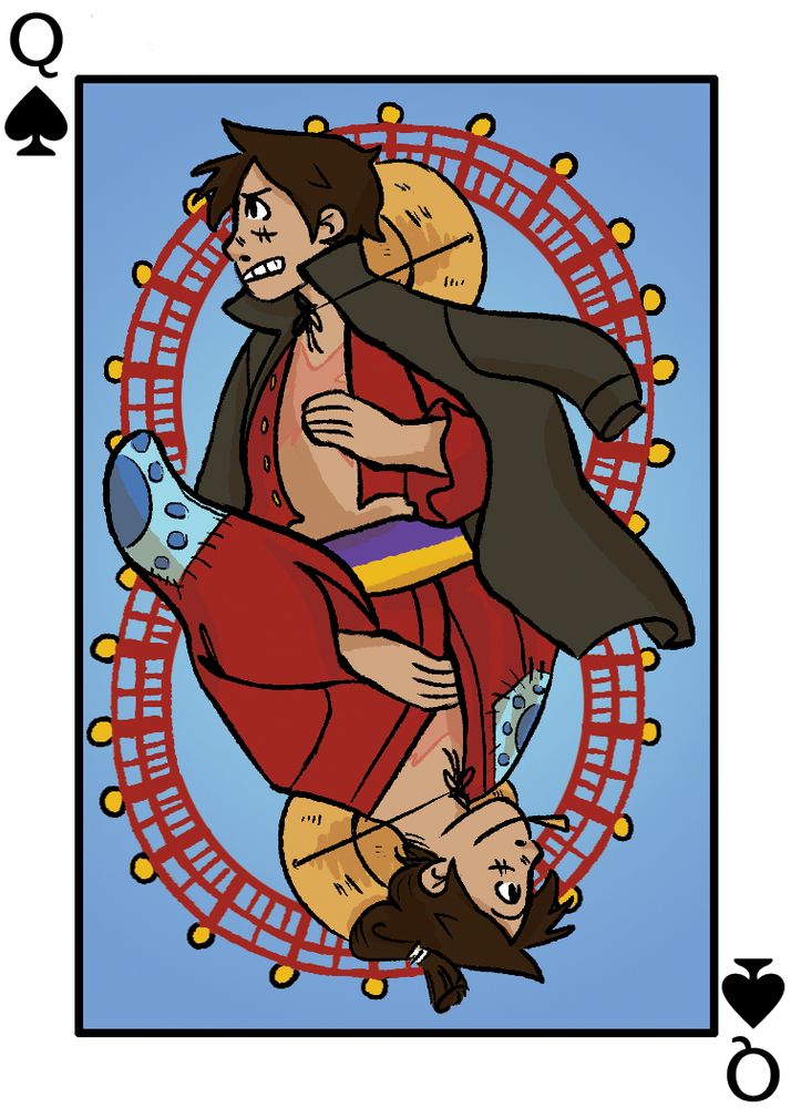 a digital illustration of Luffy as the Queen of Spades playing card.