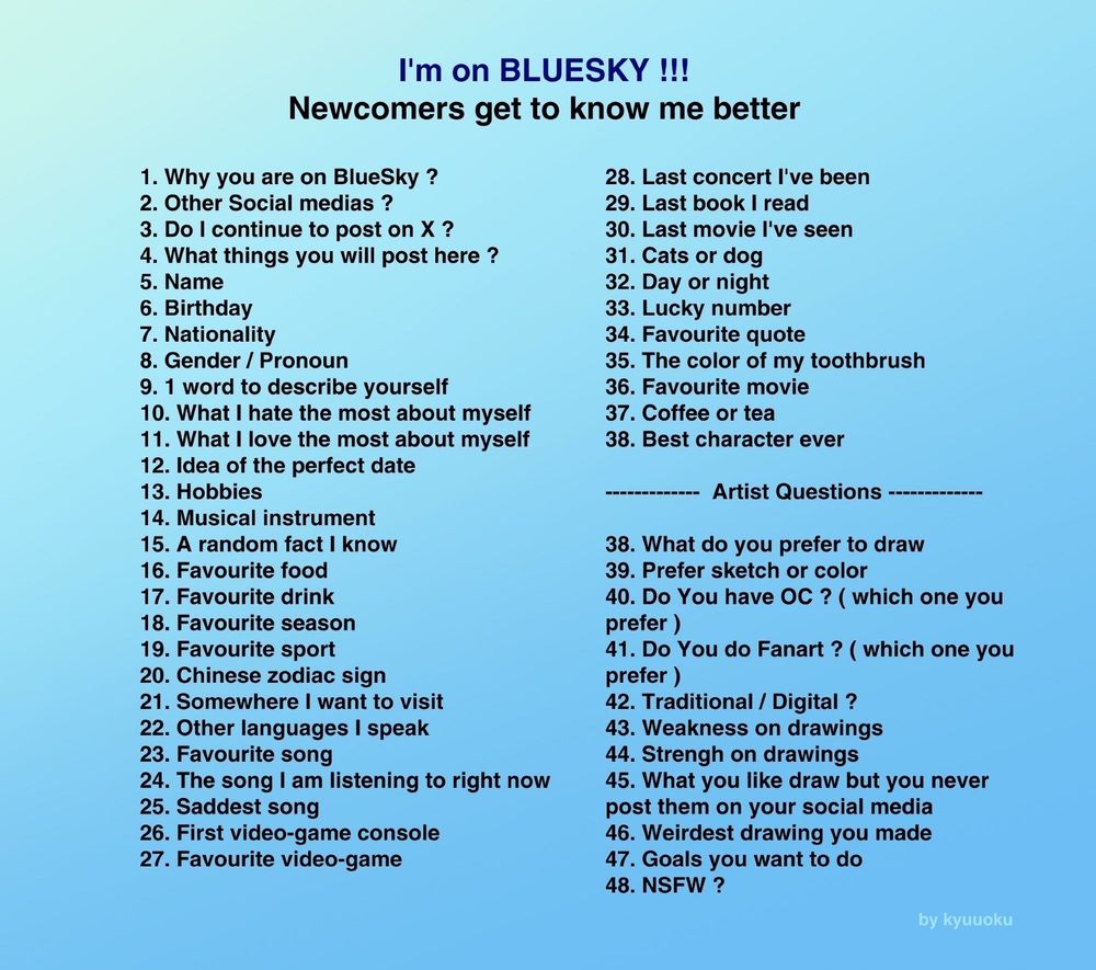 get to know me meme with 48 prompts.