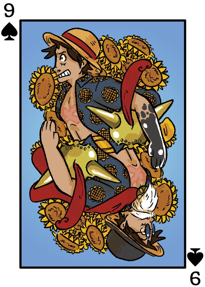 a digital illustration of Luffy as the Nine of Spades playing card