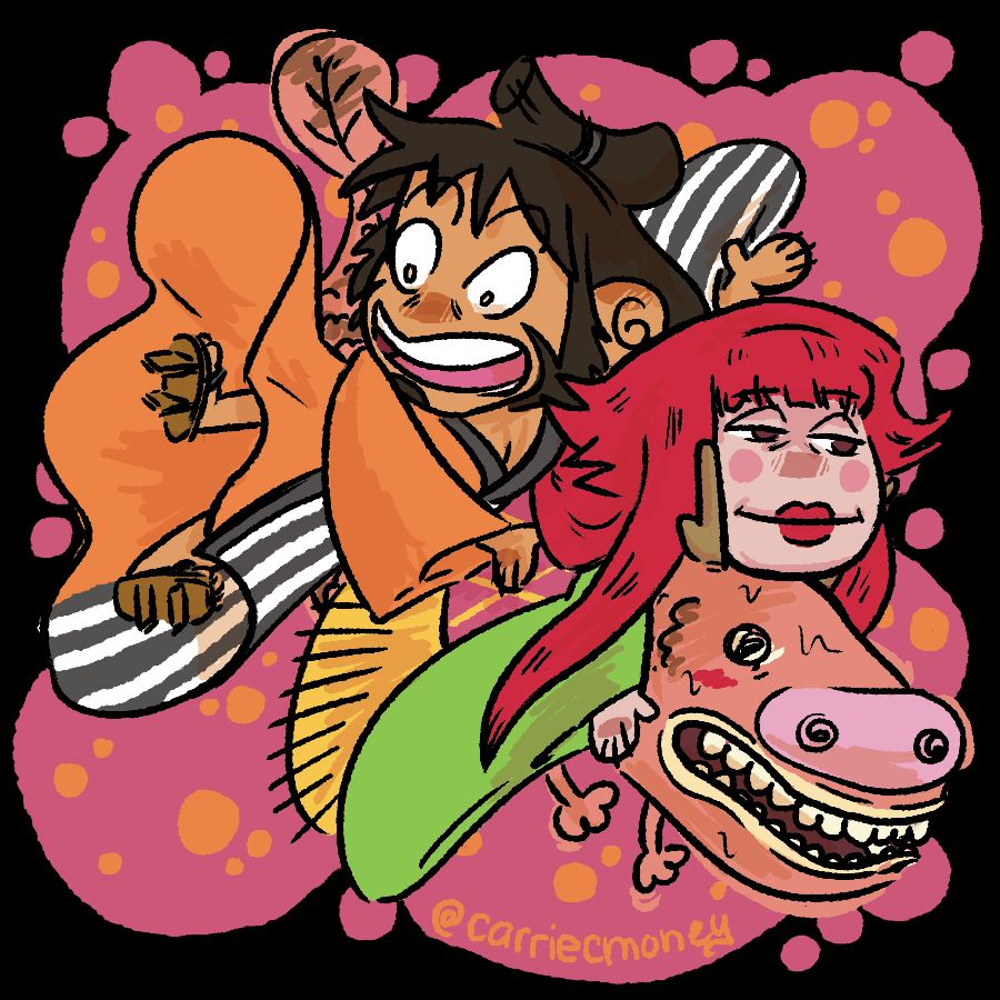 a digital illustration of Kin'emon and Kanjuro riding one of Kanjuro's badly drawn dragons